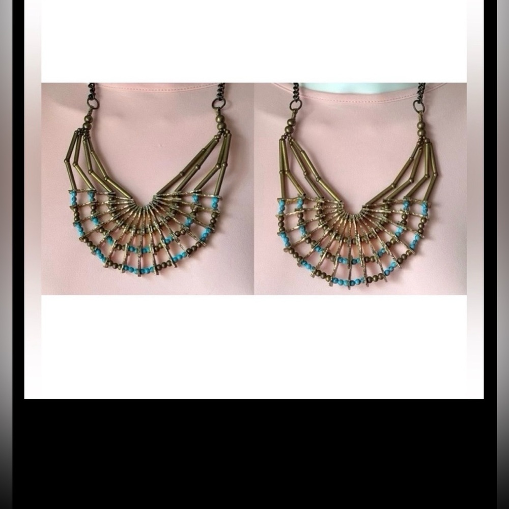 Anthropologie Statement Necklace by Pam Hiran Brass Links w/Turquoise Tone Beads